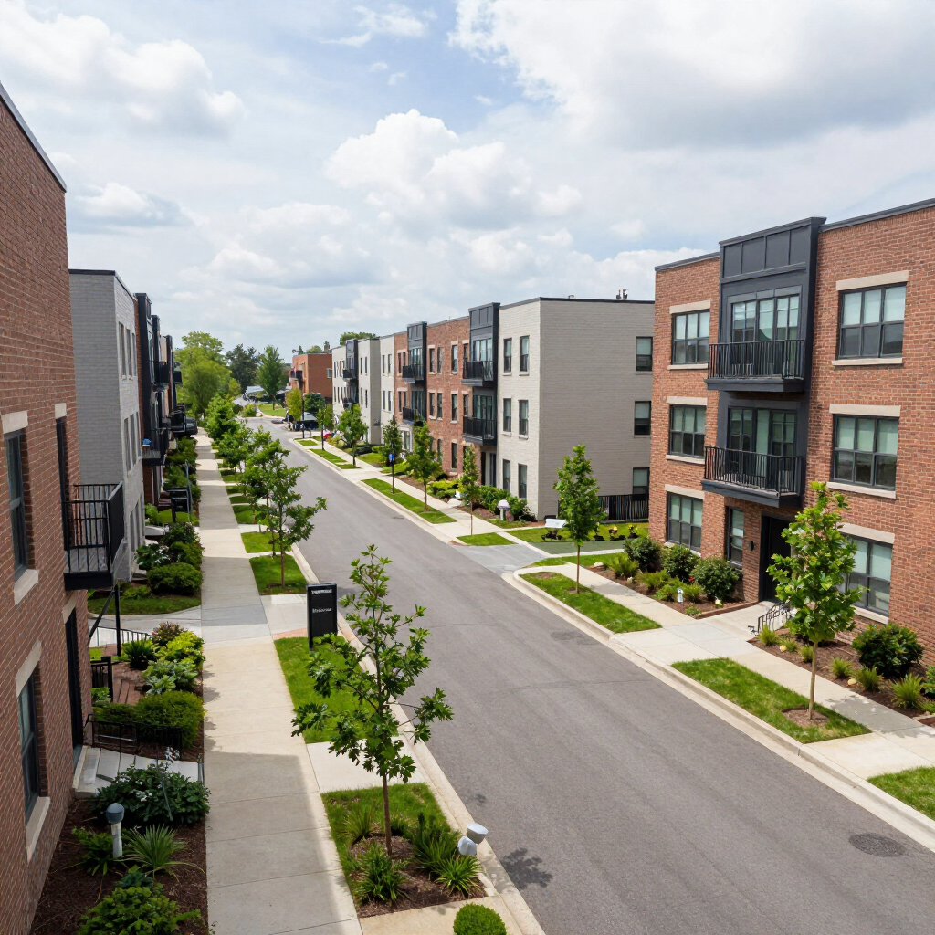 Modern apartment buildings lining a quiet tree-lined residential street under a bright cloudy sky