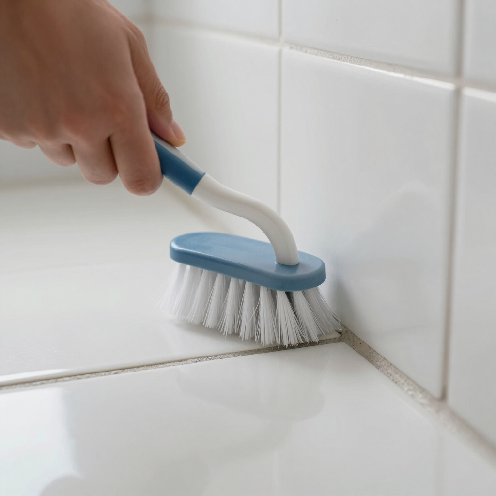 Hand using a blue scrub brush to clean white tiled shower grout.