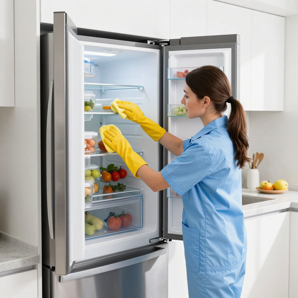 Woman in blue scrubs and yellow gloves organizing food in an open refrigerator in a kitchen