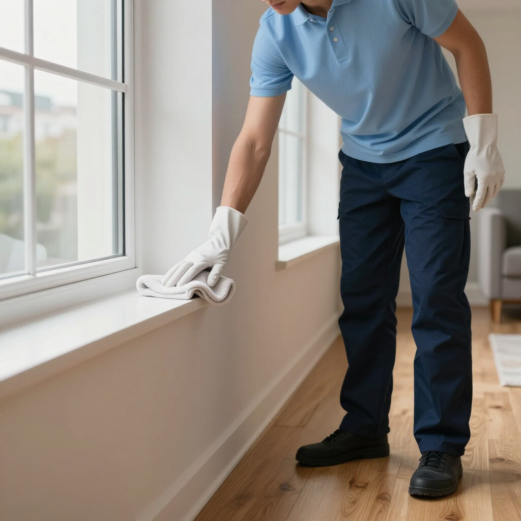 Person wiping a white windowsill with a cloth in a bright room