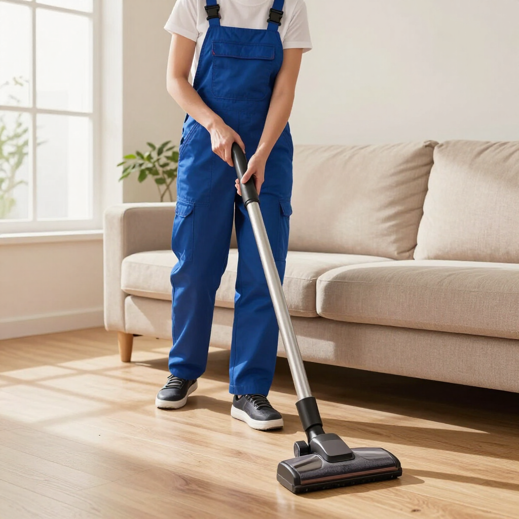 Person vacuuming a light wood floor beside a beige sofa in a bright living room