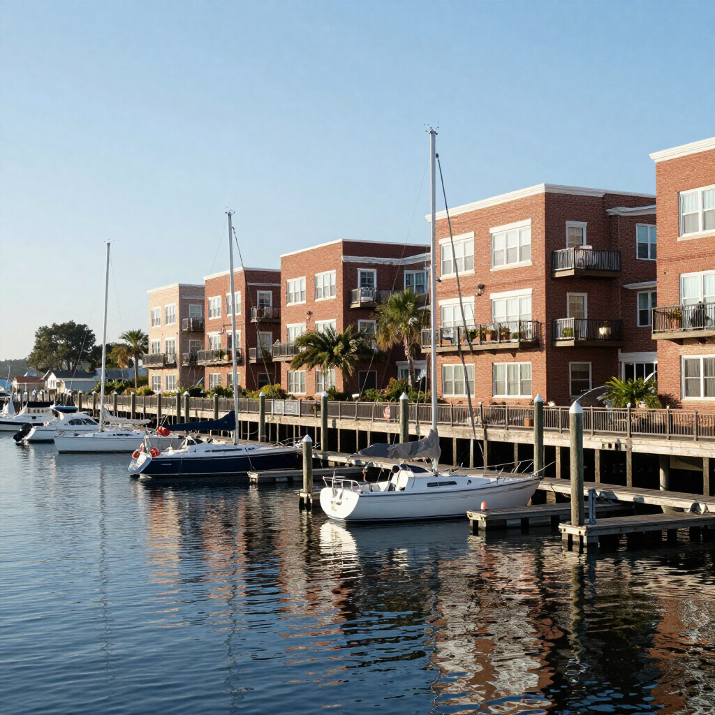 Marina with docked sailboats beside red-brick waterfront apartment buildings on a calm blue harbor