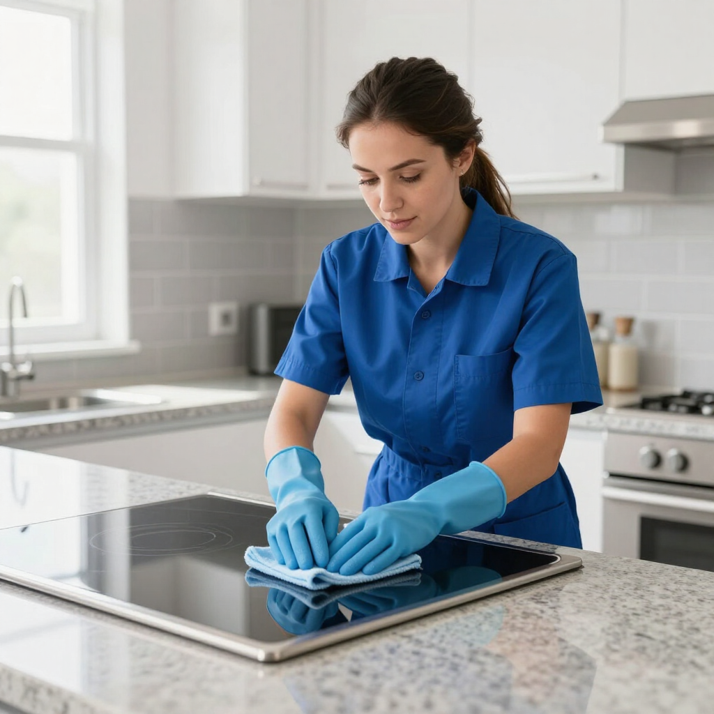 Person in blue gloves cleaning a glass stovetop in a modern kitchen