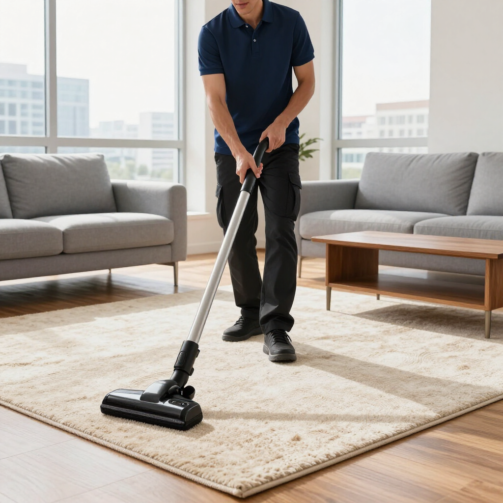Person vacuuming a beige rug in a bright living room with gray sofas.