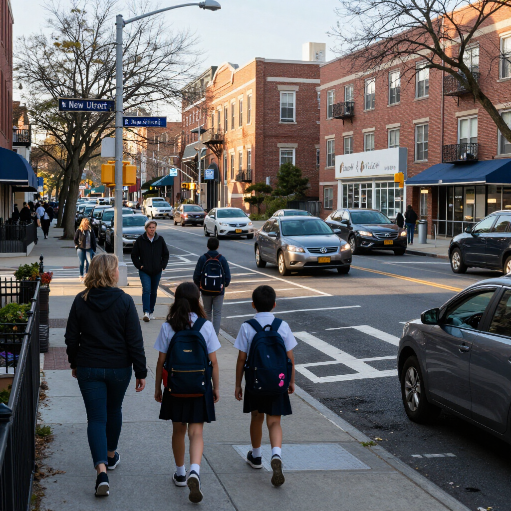 Students with backpacks walking on a city sidewalk beside traffic and brick storefronts at dusk