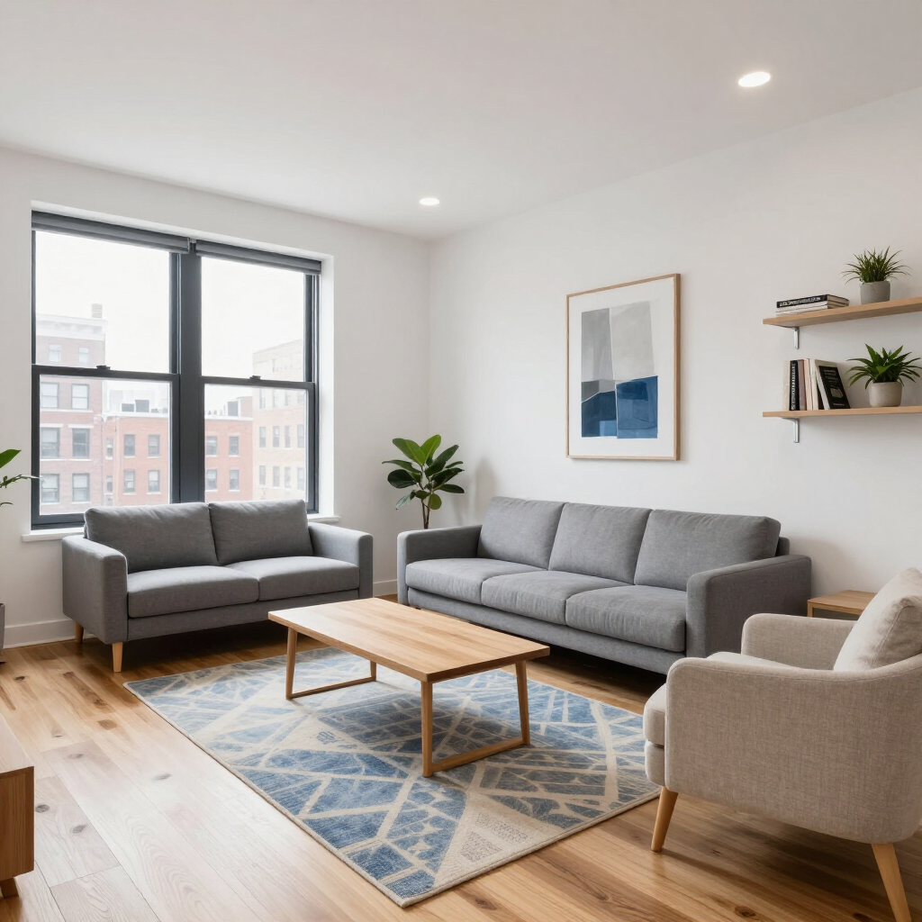 Bright modern living room with gray sofas, blue patterned rug, coffee table, and large window.