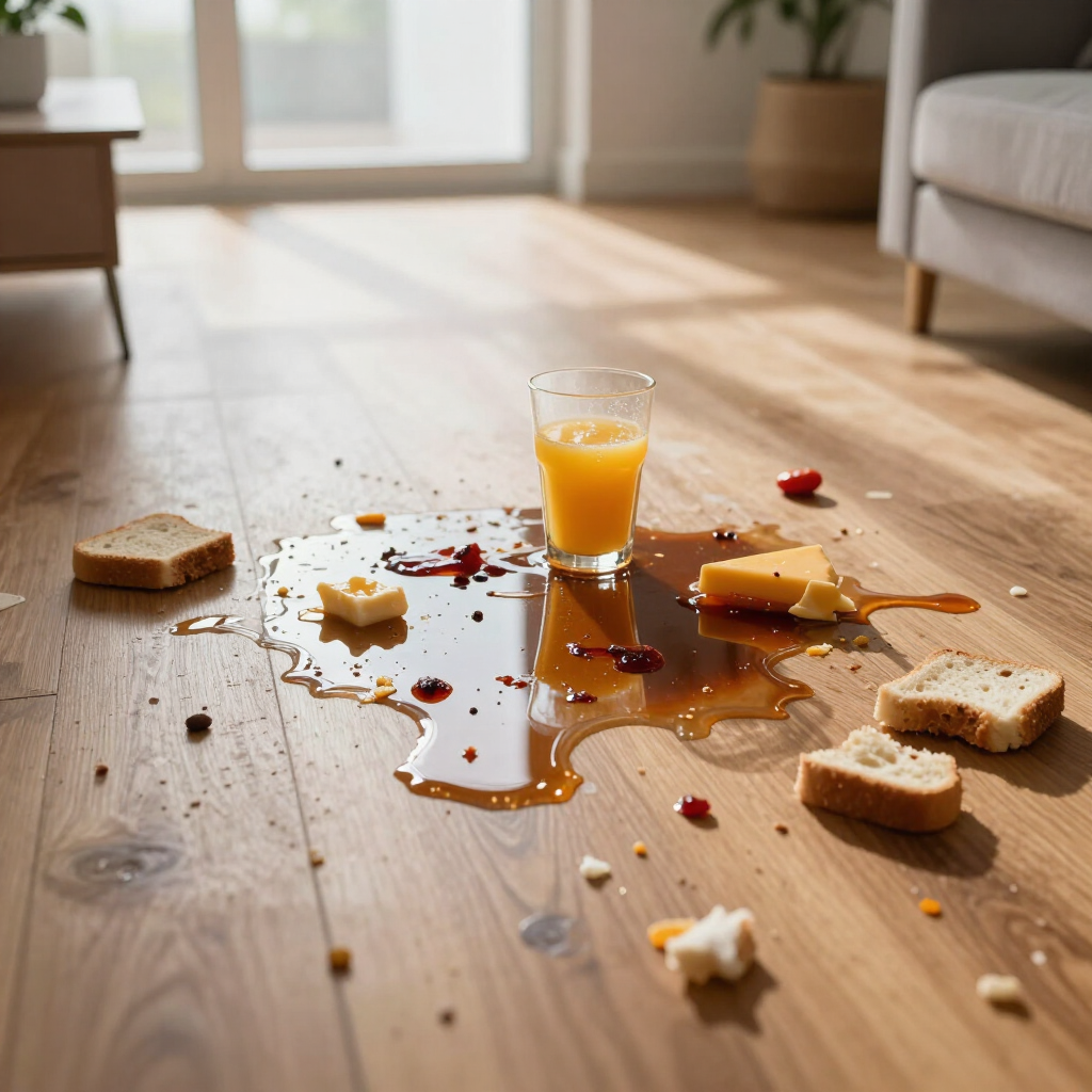Spilled orange juice and broken glass on a wooden floor with scattered bread slices