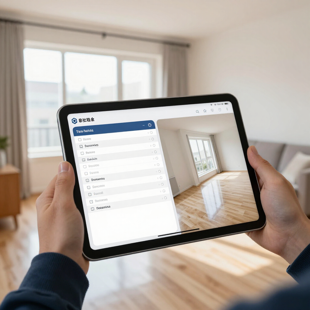 Hands holding a tablet showing a virtual home tour of a bright empty room with hardwood floors