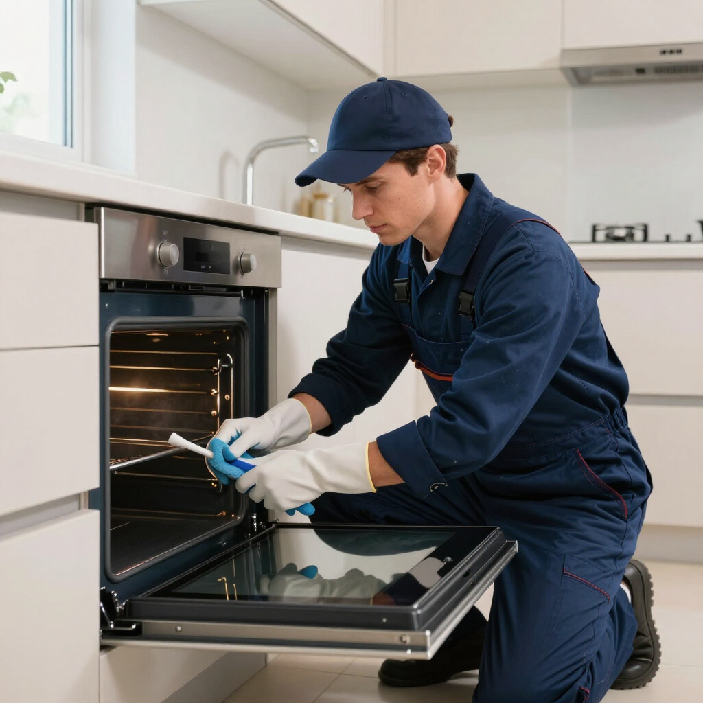 Technician in blue uniform cleaning an open oven in a bright kitchen