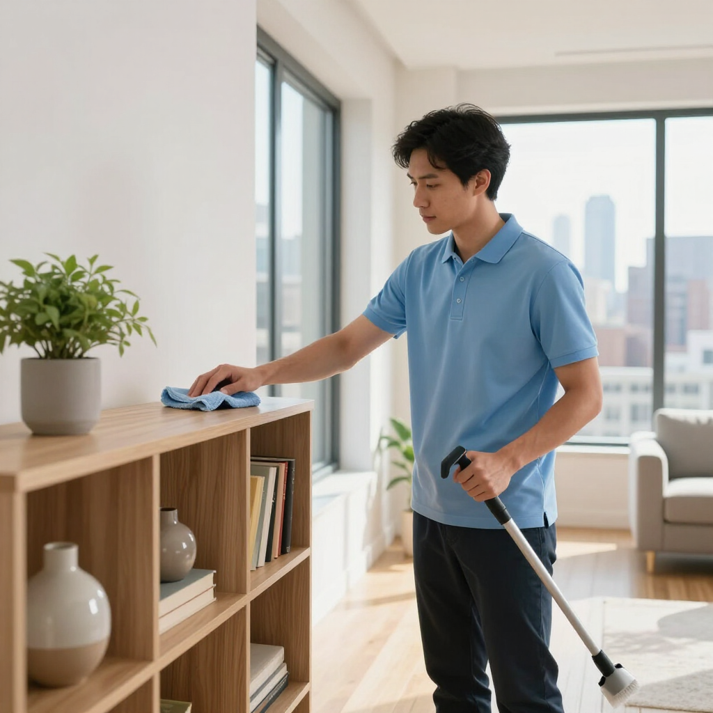 Man cleaning a wooden shelf with a cloth while holding a vacuum in a bright apartment living room