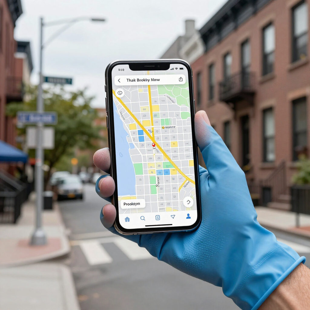 Blue-gloved hand holding a smartphone with a map app on a city street