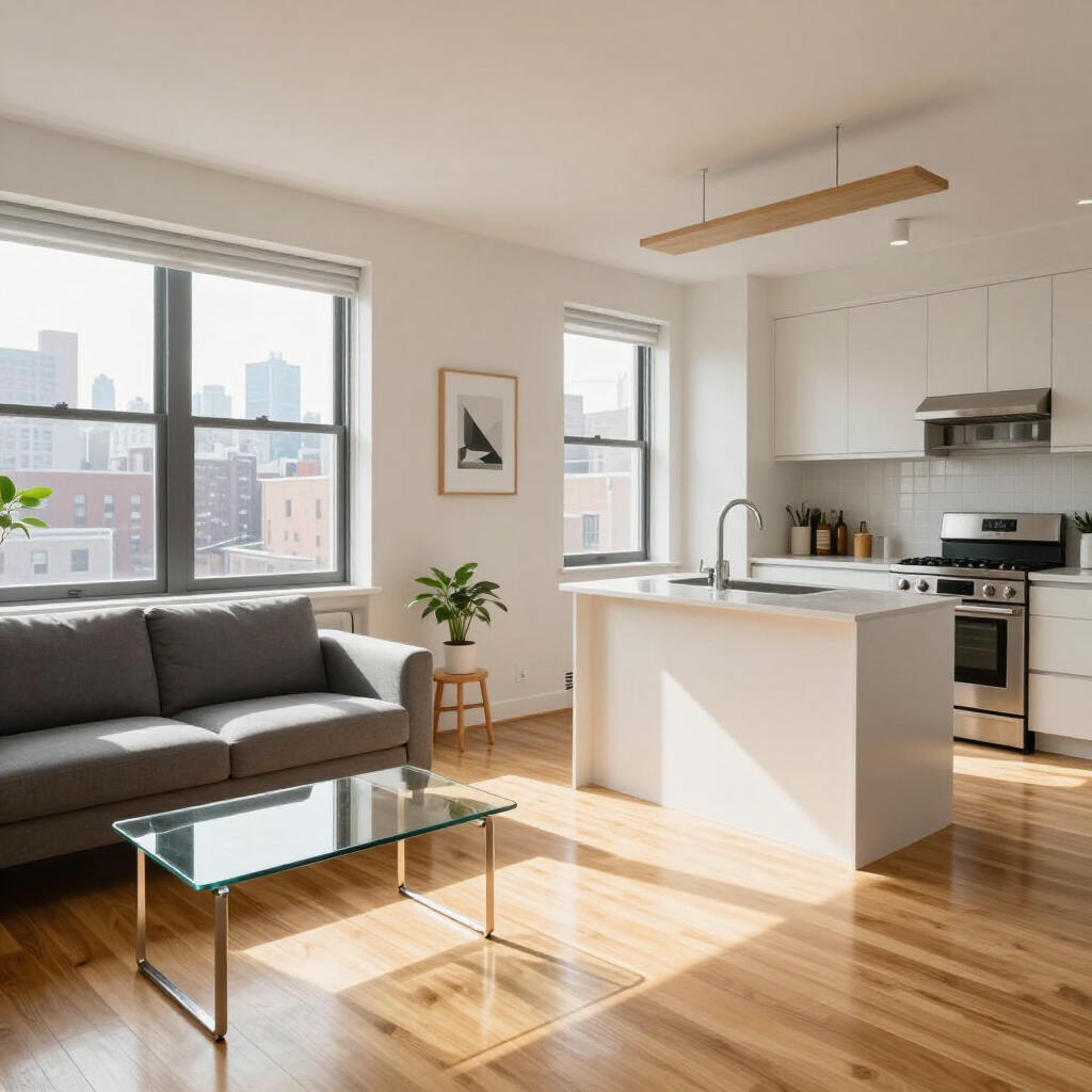 Bright modern studio apartment with gray sofa, glass coffee table, white kitchen, and sunlight on wood floors