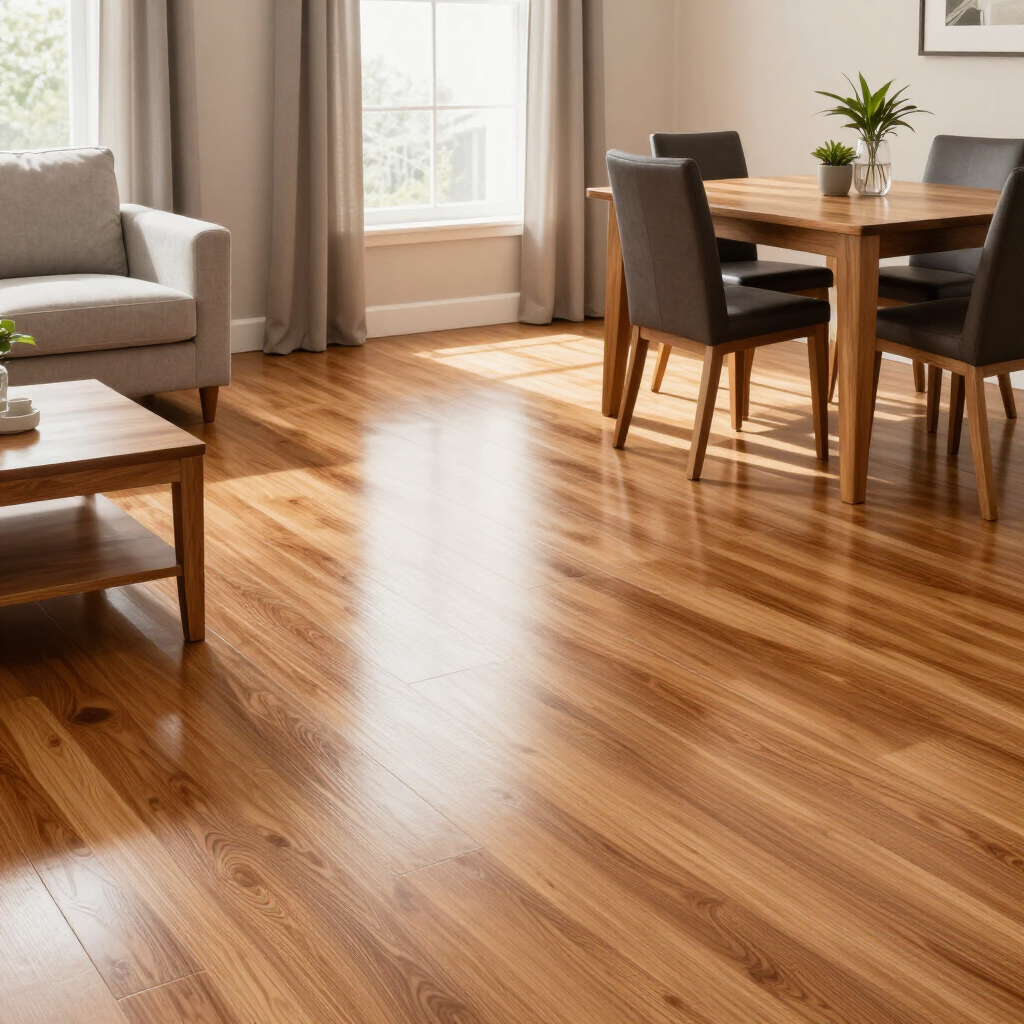 Bright sunlit living-dining room with hardwood floors, sofa, dining table, and chairs