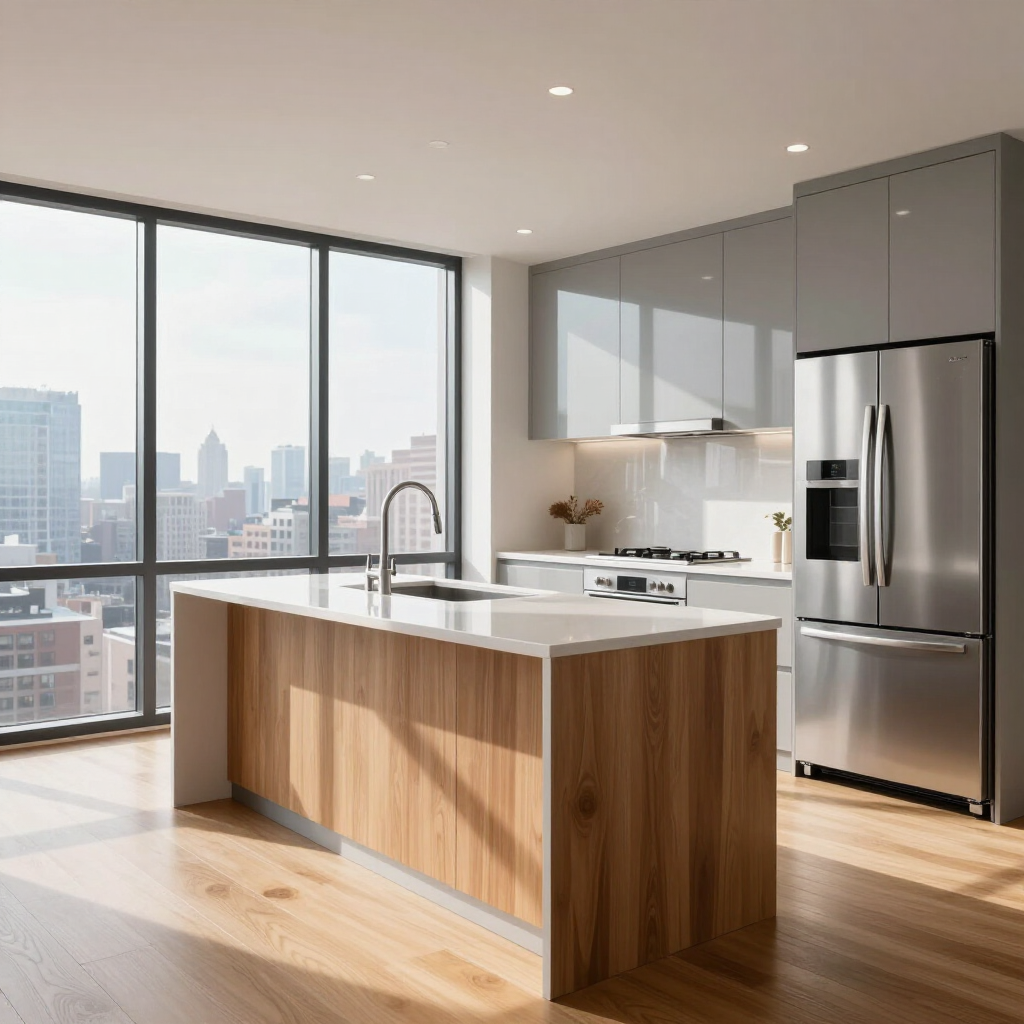Modern kitchen with wood island, stainless steel appliances, and large windows overlooking a city skyline