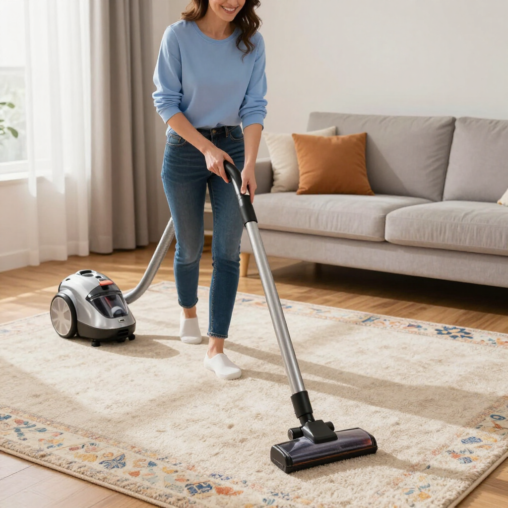 Person vacuuming a patterned rug in a bright living room beside a gray sofa