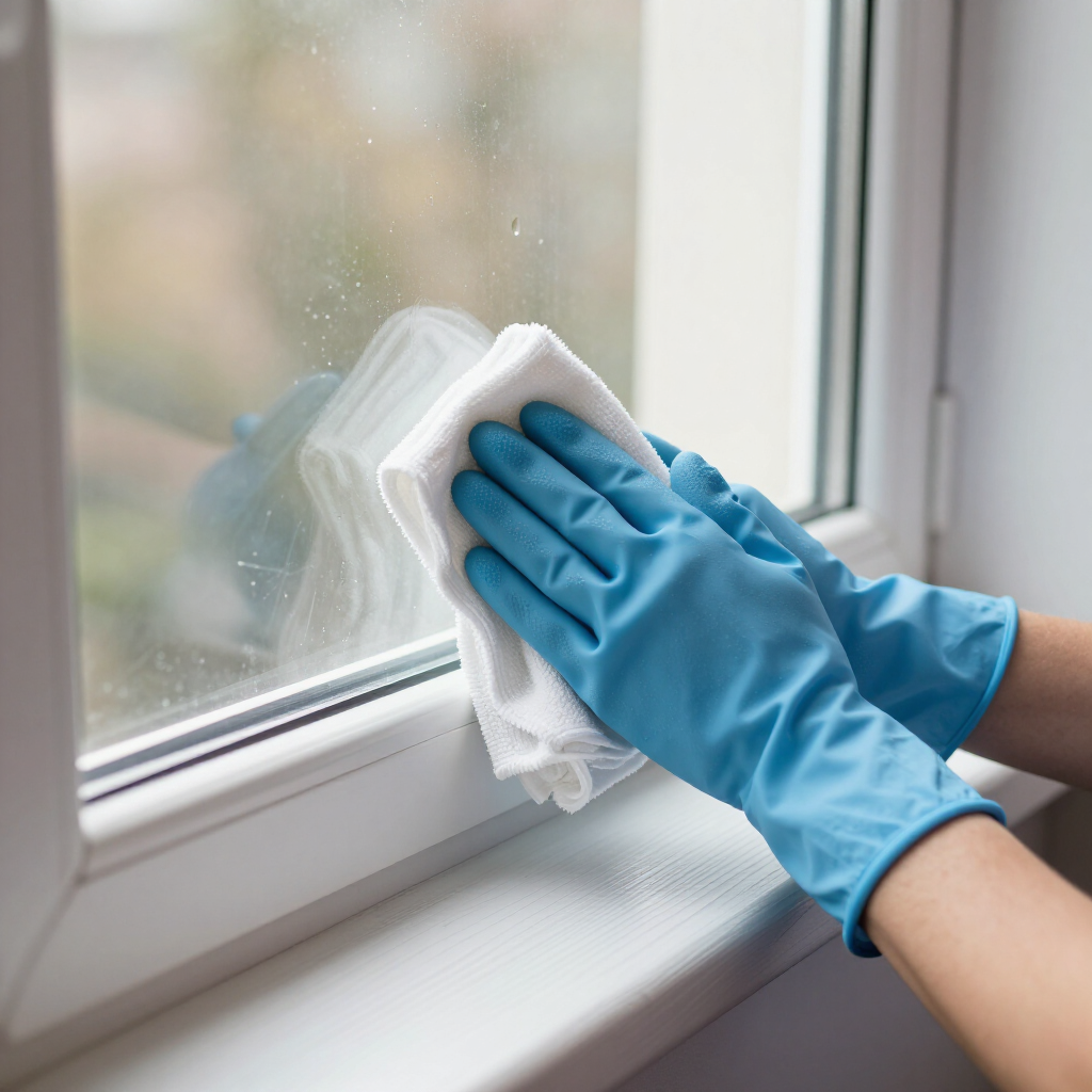 Blue-gloved hands wiping a window with a white cloth
