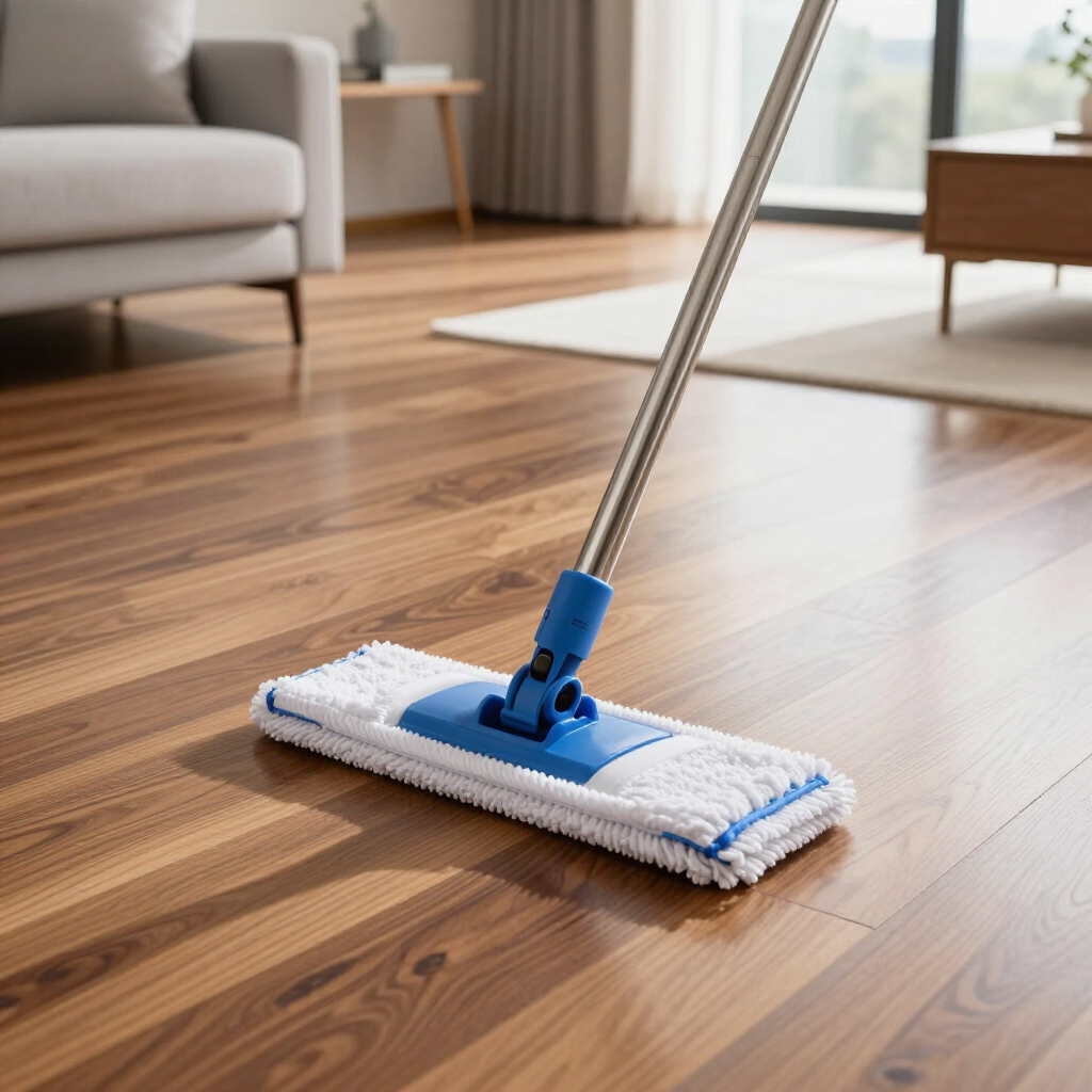 Blue mop cleaning a hardwood floor in a bright living room.