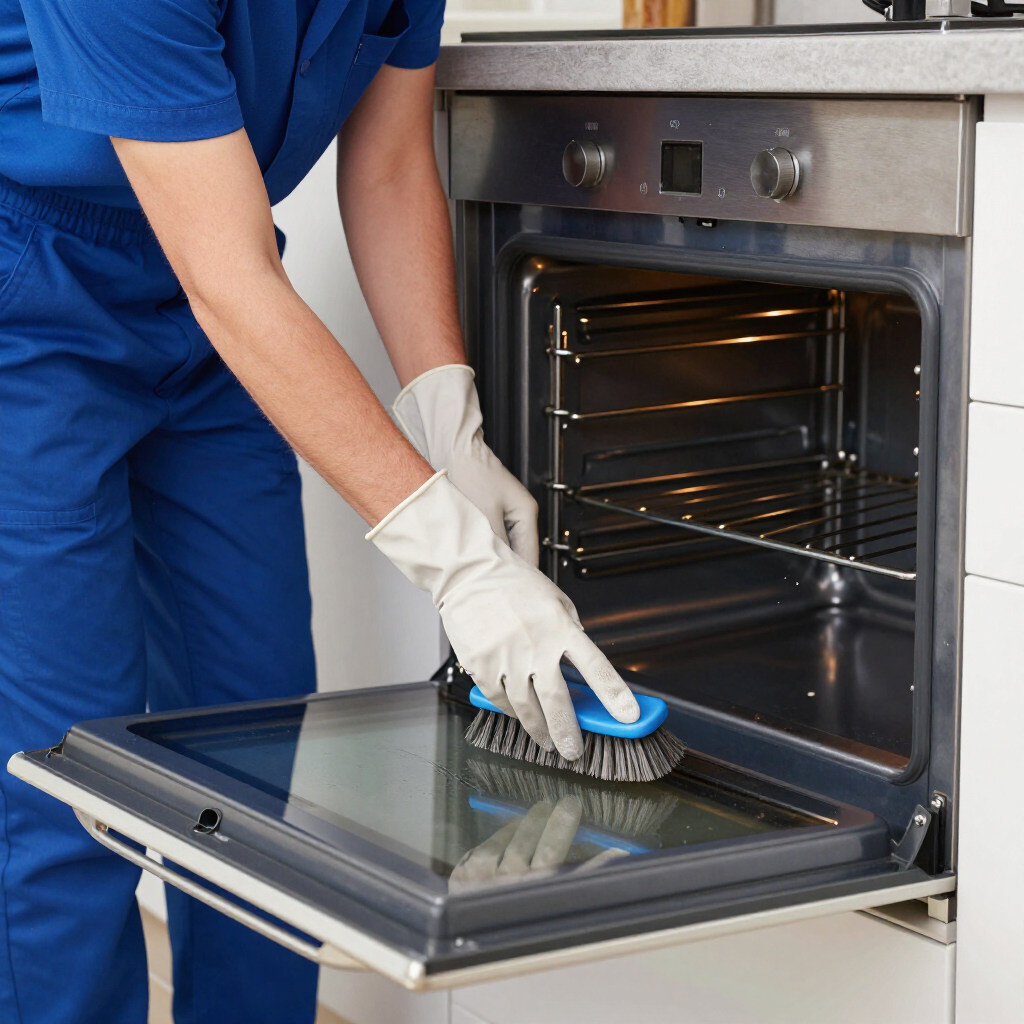 Person in blue uniform and gloves cleaning the inside of an open oven with a brush
