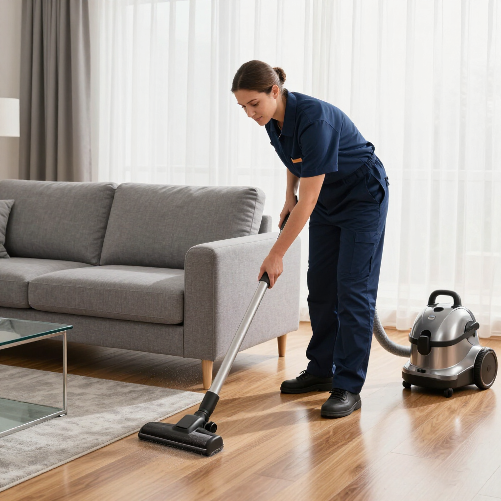 Cleaner vacuuming a wood floor beside a gray sofa in a bright living room