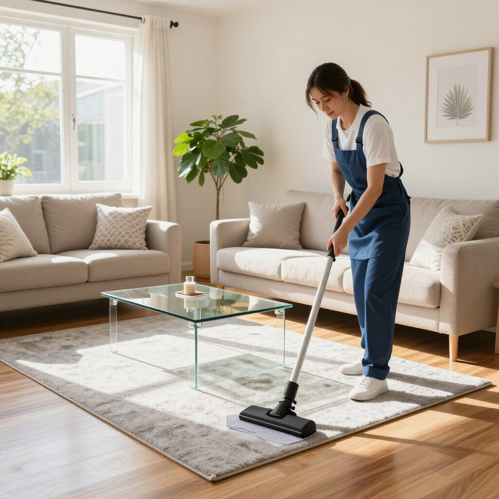 Person vacuuming a beige rug in a bright living room with a beige sofa and glass coffee table