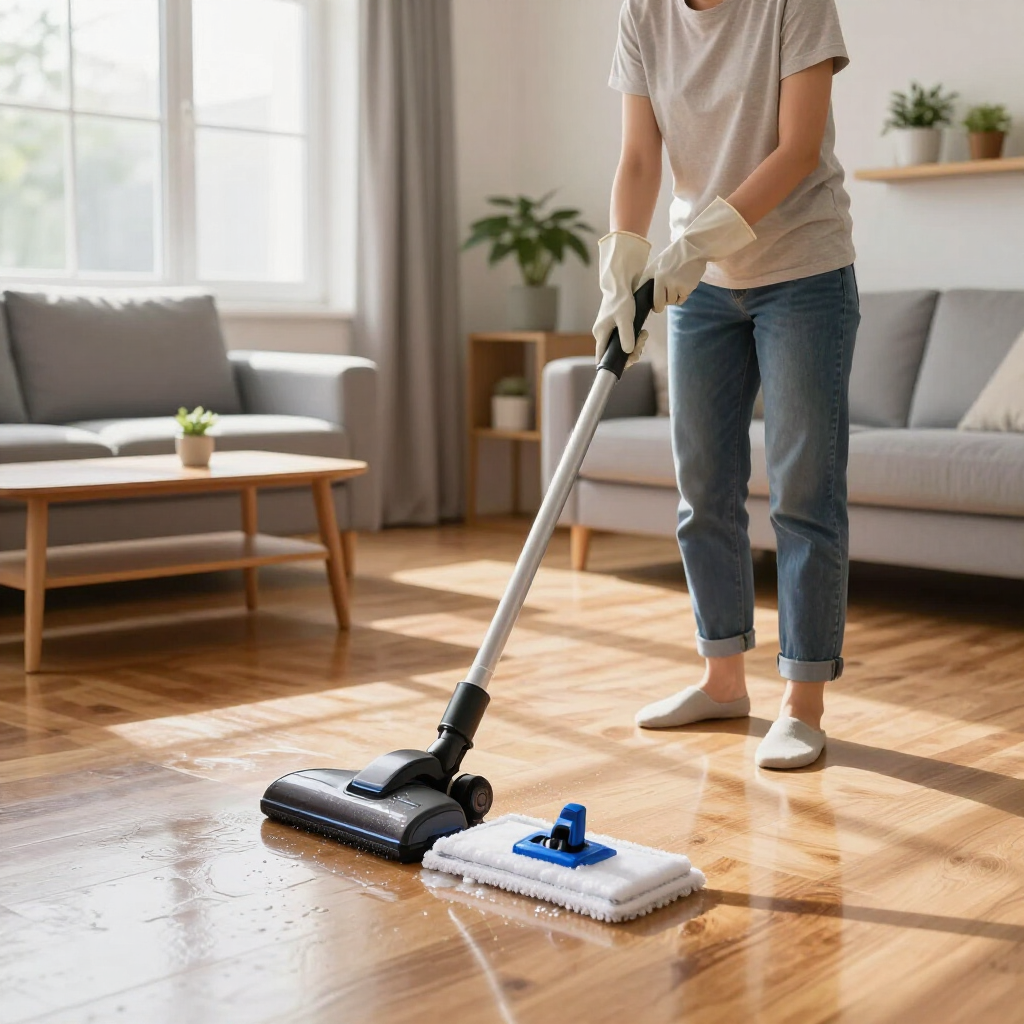 Person mopping a sunlit wooden floor in a modern living room with a sofa and coffee table.
