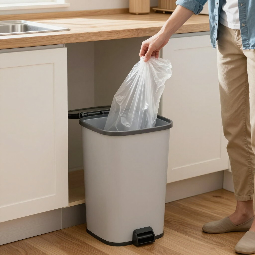 Person drops trash bag into gray kitchen step trash can under a counter