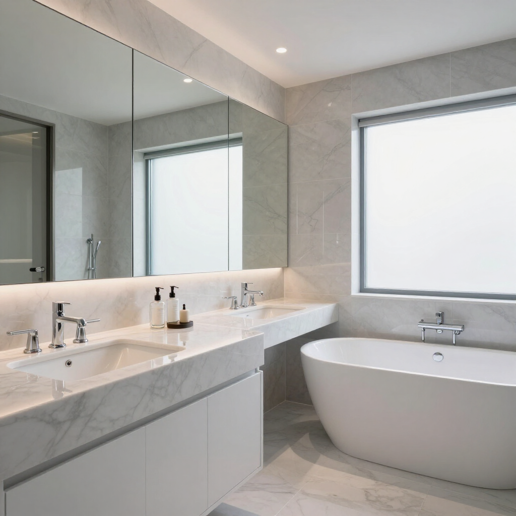 Modern white bathroom with double vanity, large mirror, and freestanding tub beside a bright window