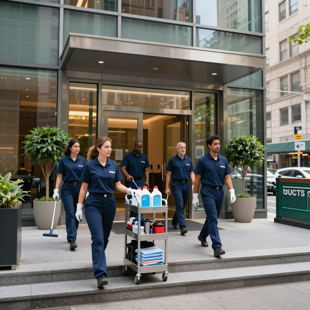 Hospital staff in navy uniforms pushing a supply cart out of a city building