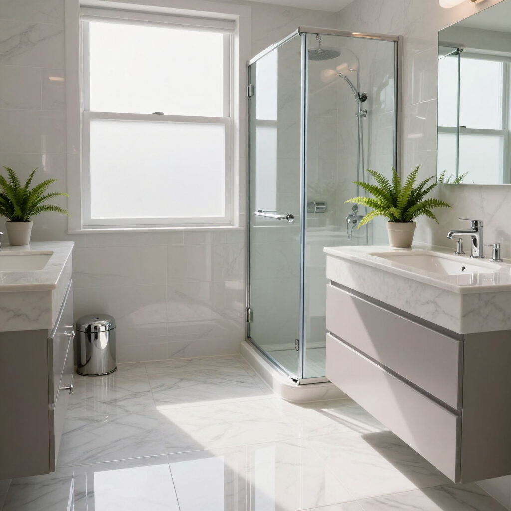 Bright modern bathroom with white tiles, glass shower, vanity, and potted plants.