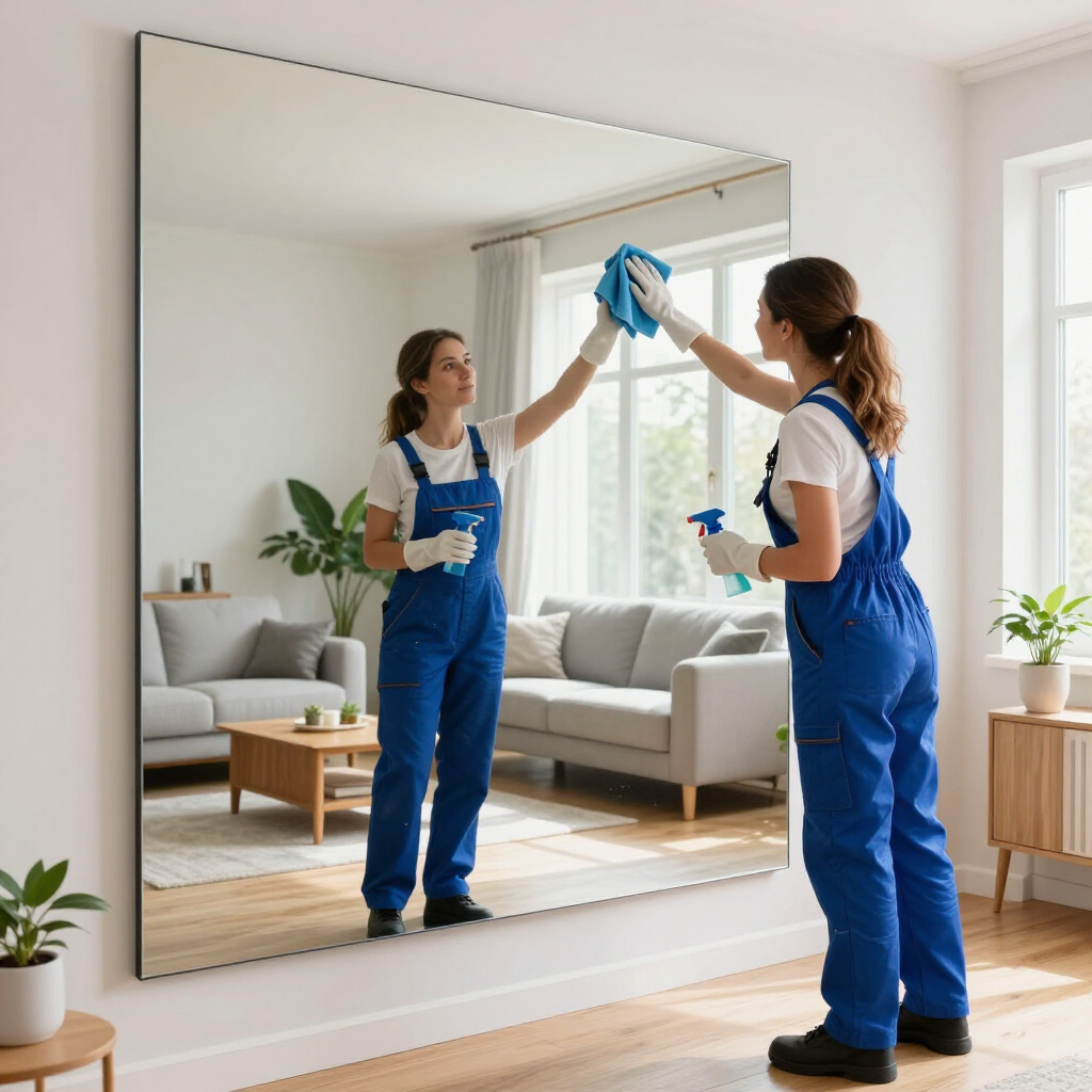 Two cleaners in blue overalls wiping a large mirror in a bright living room