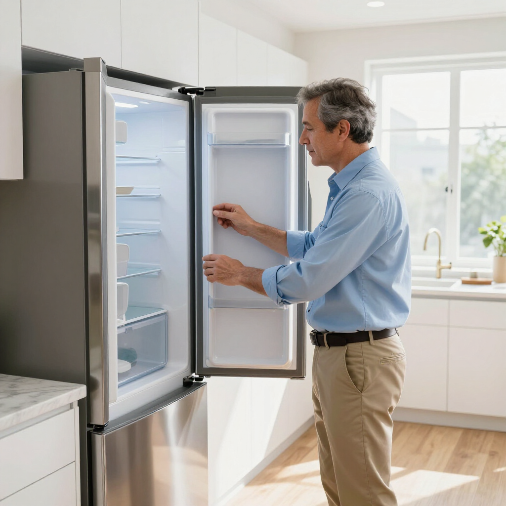 Man opening a stainless steel refrigerator in a bright kitchen