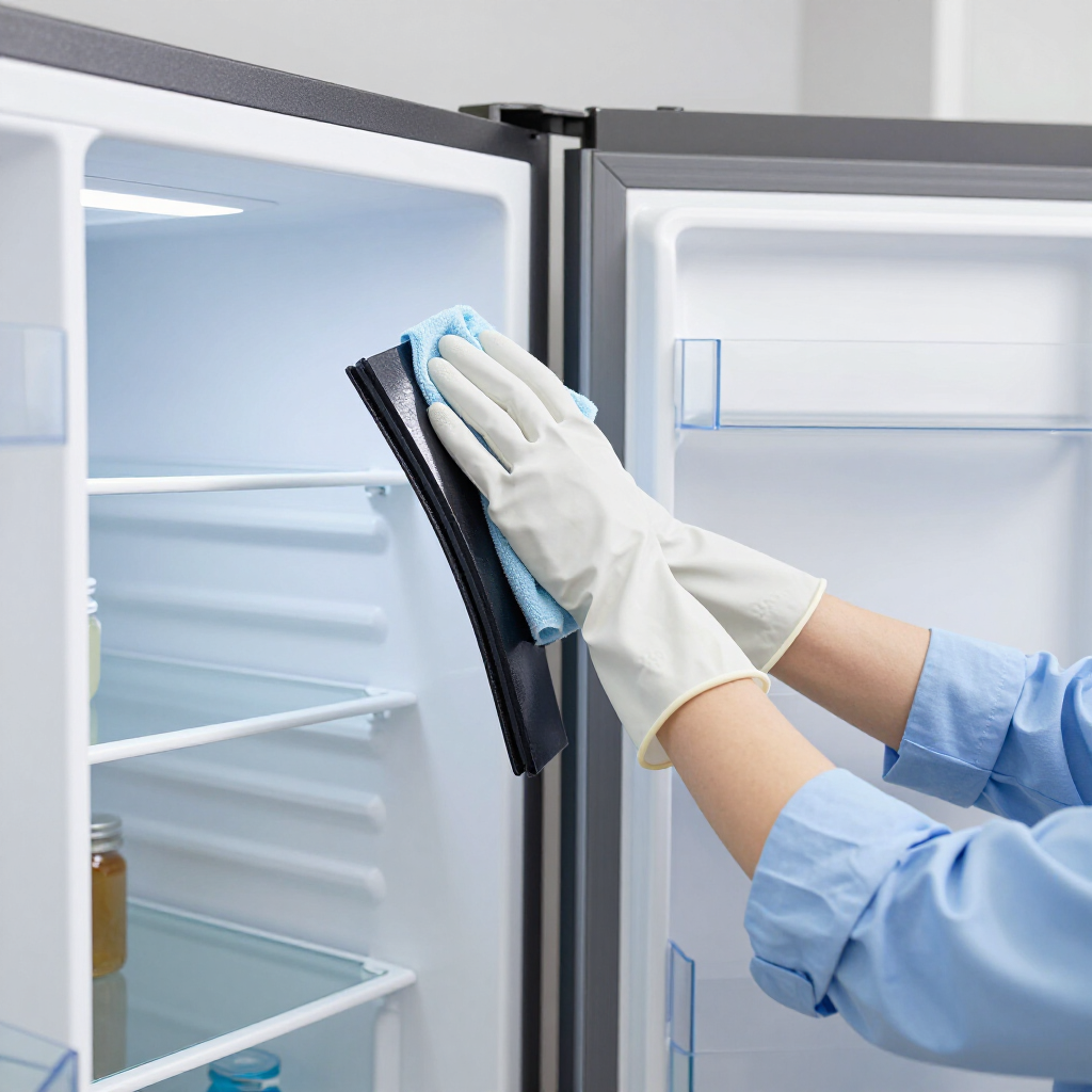 Gloved hands cleaning the inside of an open refrigerator with a sponge