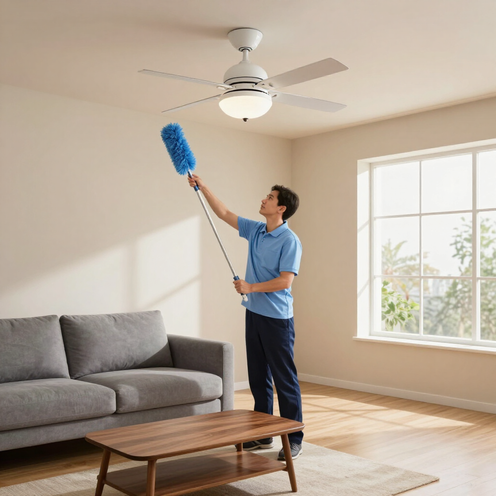 Person dusts a ceiling fan in a bright living room beside a gray sofa and wooden coffee table.