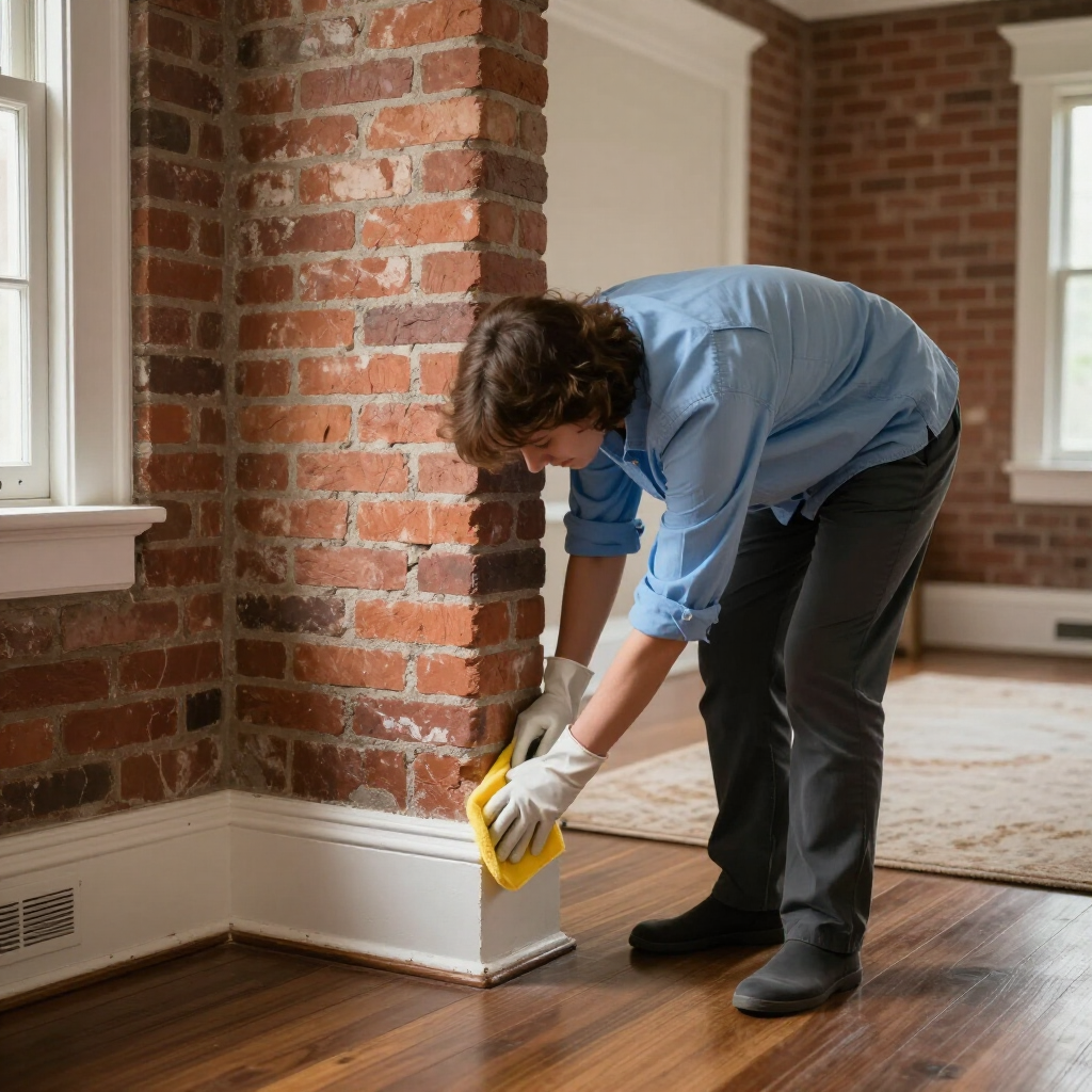 Person cleaning baseboard in a brick-walled room with wood floors using a spray bottle and cloth