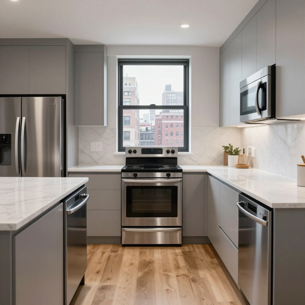 Modern kitchen with stainless steel appliances, gray cabinets, white countertops, and a window over the stove.