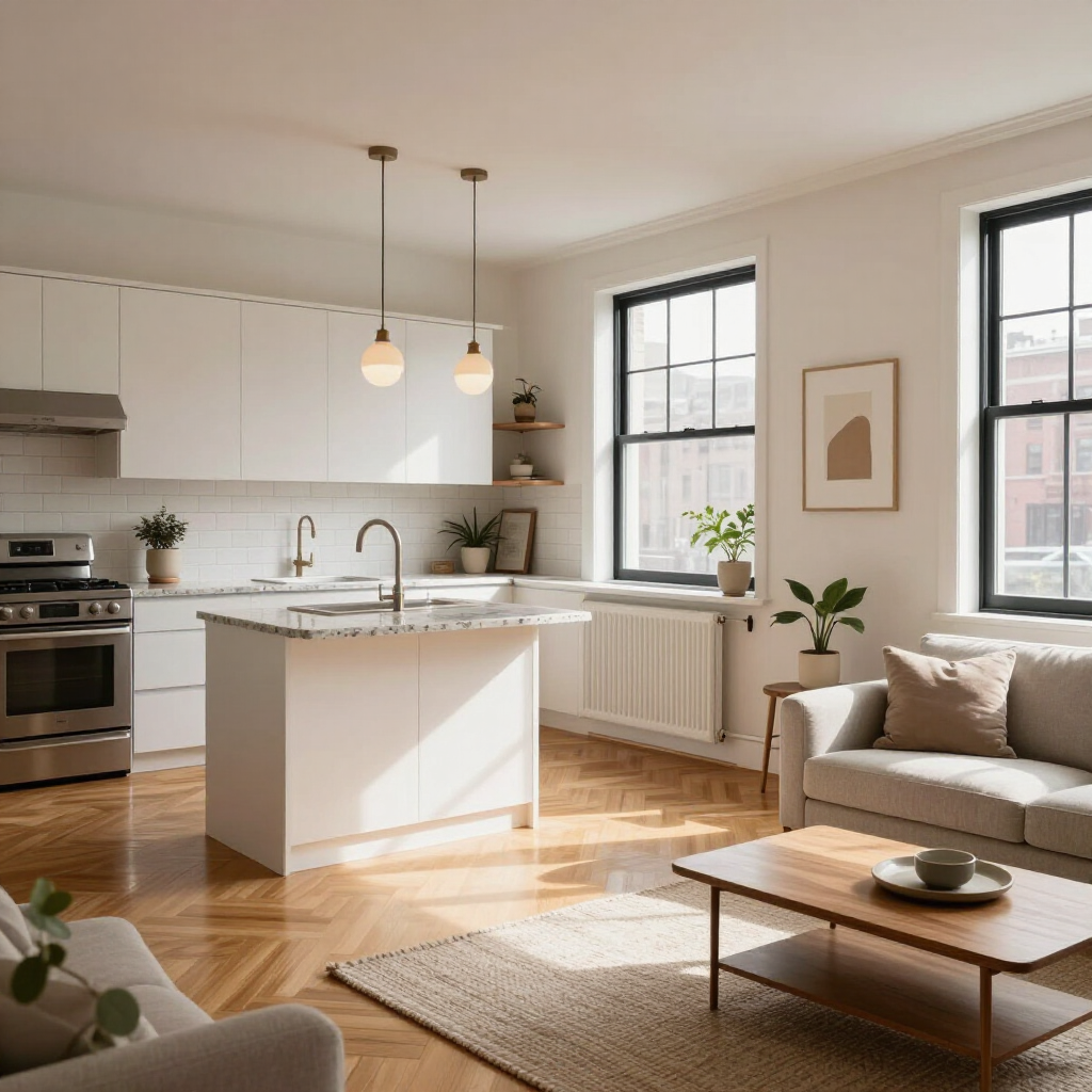 Bright modern kitchen and living area with island, wood floors, large windows, and a sofa by a coffee table.