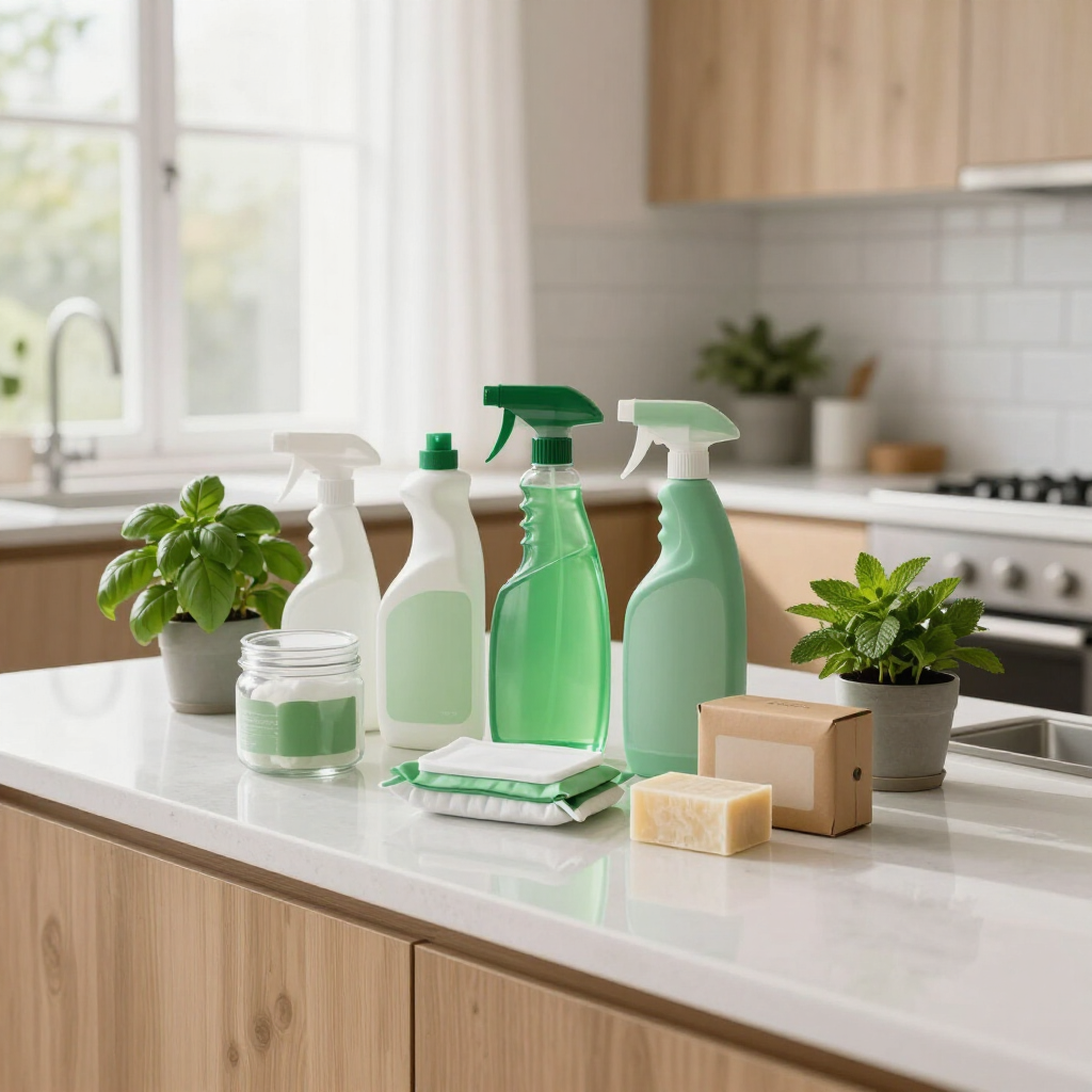 Eco-friendly cleaning supplies on a kitchen counter with potted herbs and sponges