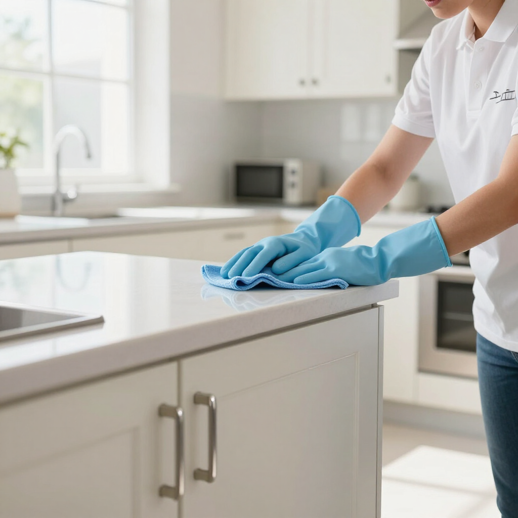 Person in blue gloves wiping a white kitchen counter with a blue cloth in a bright kitchen
