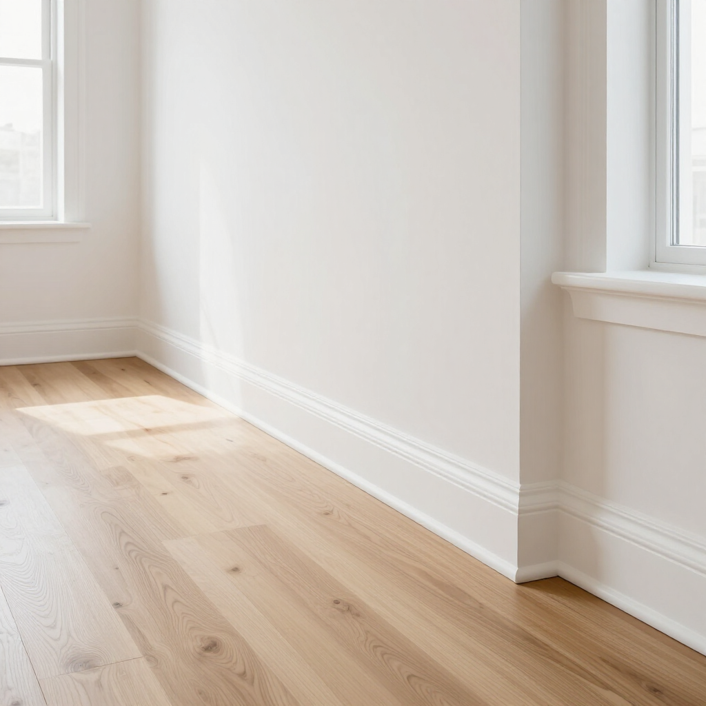 Bright empty room corner with white walls, windows, and light wood flooring