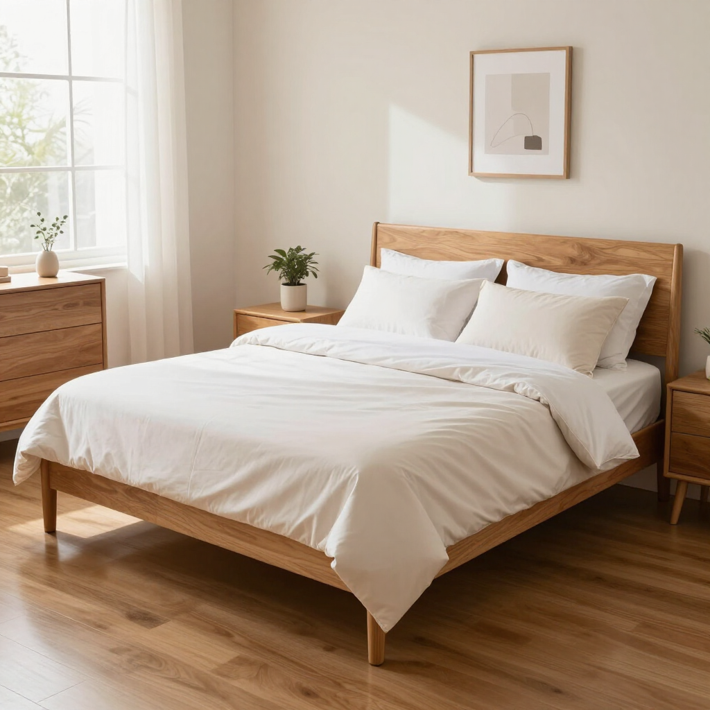 Bright minimalist bedroom with a wooden bed, white bedding, plant, and framed wall art