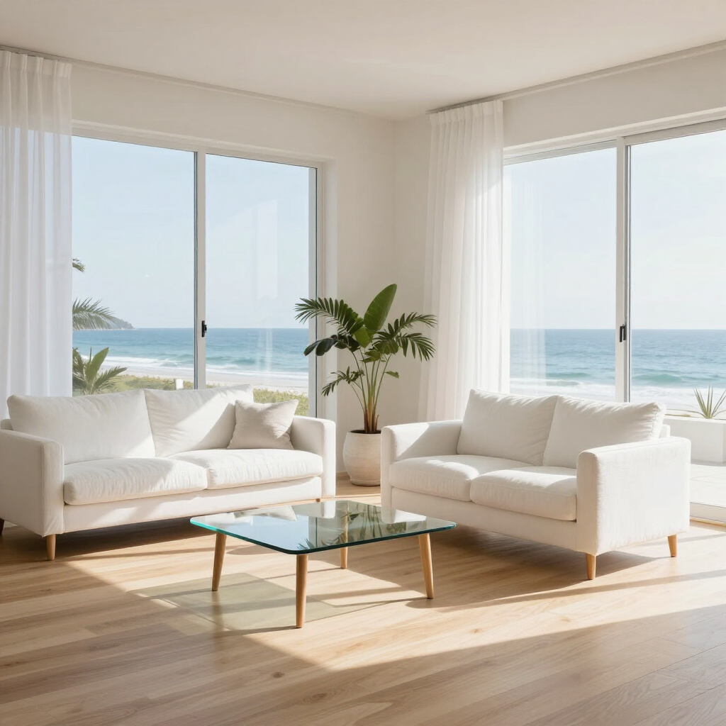 Bright seaside living room with white sofas, glass coffee table, and large ocean-view windows