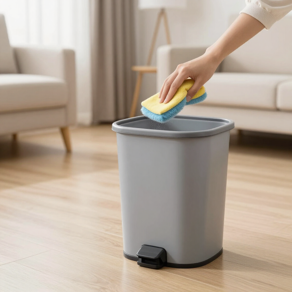 Hand placing a sponge on a gray trash bin in a bright living room