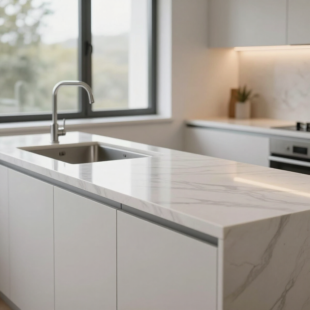 Modern kitchen island with white marble countertop and stainless steel sink beneath a window