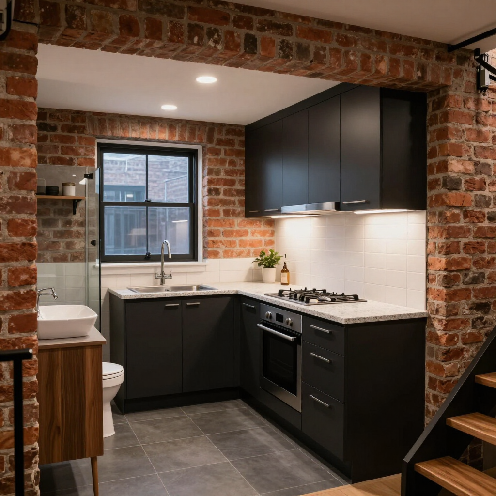 Compact modern kitchen with black cabinets, brick archway, window sink, and wood stairs