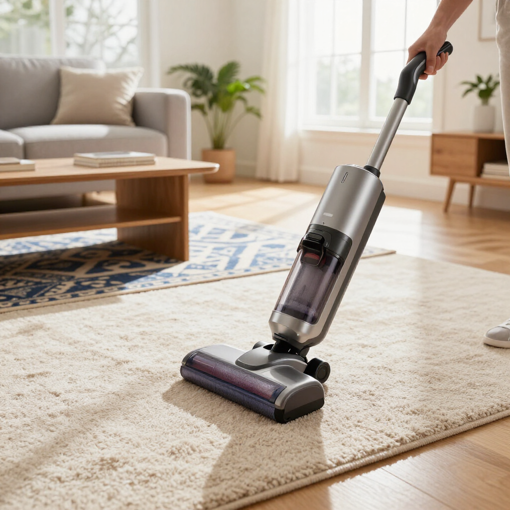 Cordless vacuum cleaning a beige rug in a sunlit living room