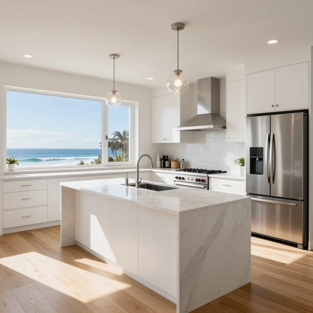 Bright modern white kitchen with island, stainless steel appliances, and ocean-view window.