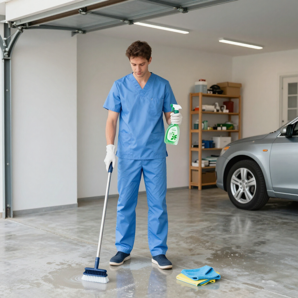 Person in blue coveralls cleaning a garage floor with a mop and spray bottle, with towels nearby.
