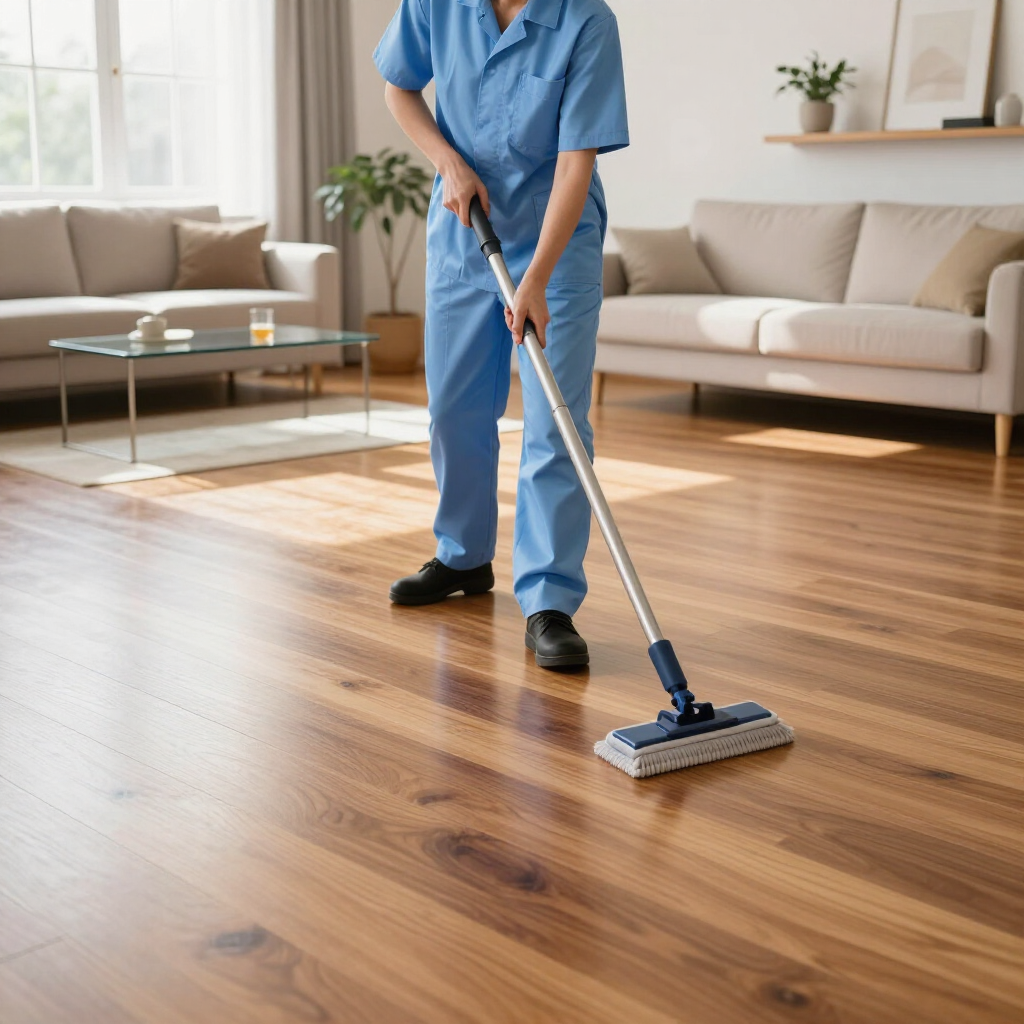Person mopping a shiny wooden floor in a bright living room