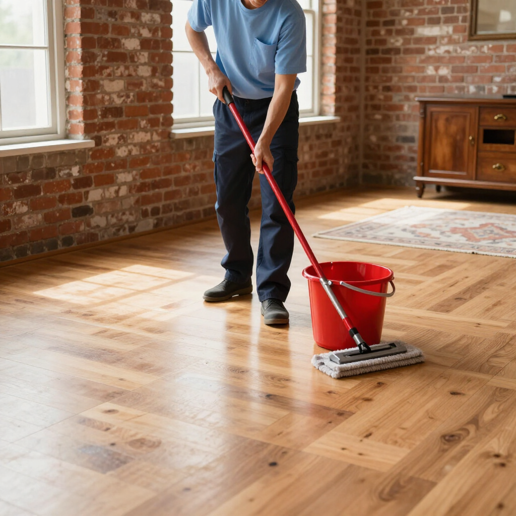Person mopping a hardwood floor in a brick-walled room with a red bucket nearby