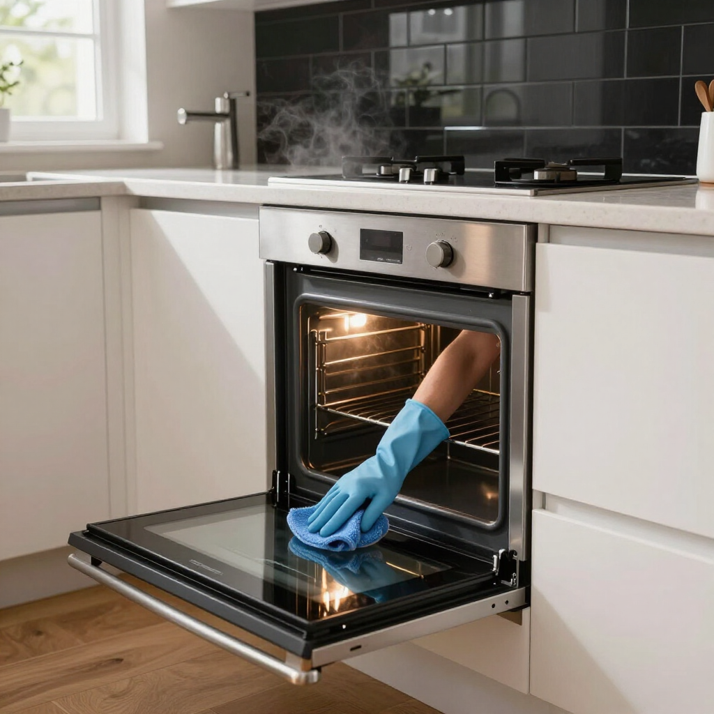 Hand in blue gloves cleaning an open oven in a bright modern kitchen